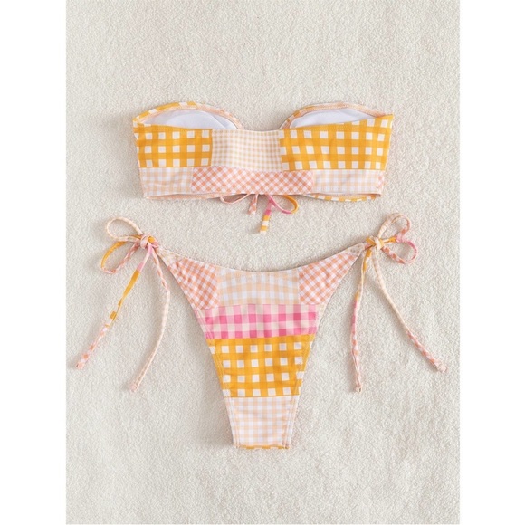 Plaid Drawstring Bandeau Bikini Swimsuit 2pc set - Picture 2 of 9